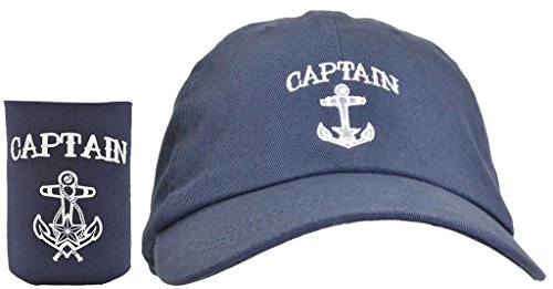 Funny Sailing Embroidered Captain Hat Cap and Funny Beer Coolie Can Cooler Gift Set Bundle