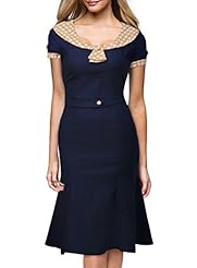 Cotton/Spandex Short Sleeves Scoop Neck  Vintage Polka Dot Print Flared-Skirt Bridesmaid Dress/Party Dress  With a Bow(s)