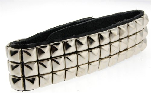 3 Rows of Pryamid Shaped Studs Leather Wrist Band Bracelet.