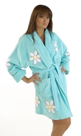 Aegean Apparel Daisy Appliqued Cotton Terry Bathrobe, Short, Turquoise, One Size