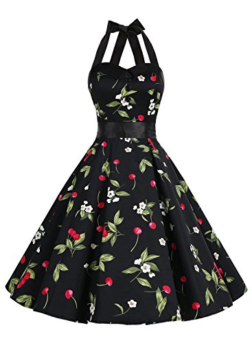 Dressystar レディーズ ホルターネック スイングワンピース ノースリーブ 水玉柄 ボタン付け 発表会ドレス お呼ばれ フォーマルドレス