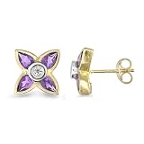 9ct Yellow Gold Ladies Amethyst And Diamond Flower Shaped Earrings Set With 1pt Of Diamonds