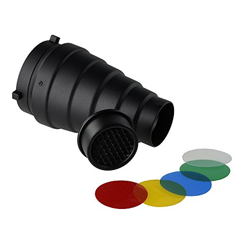Fotodiox Conical Snoot for Bowens S-Type Bayonet, Calumet and Compatible Monolight Strobe Heads - Includes 20-Degree Honeycomb Grid and Color Gels