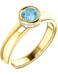 10K Yellow Gold 5.00mm Round Cut Aquamarine and Diamond Ring -- LIFETIME WARRANTY