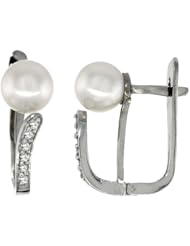 14k White Gold Pearl Earrings w/ 0.13 Carat Brilliant Cut ( H-I Color; VS2-SI1 Clarity ) Diamonds & 7mm White Pearls