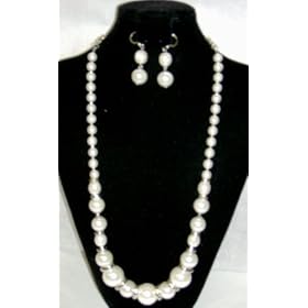 One Strand Simulated Ivory Pearl Medium Chain Necklace and Earrings for Women and Teens
