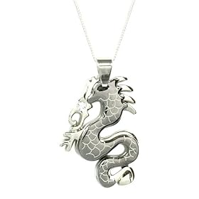 Stainless Steel Dragon Pendant with CZ - 4cm Long - 18 Inch Sterling Silver Chain - Gift Boxed (P2)