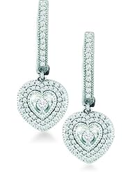 10k White Gold Pave Set Round Diamond Heart Shape Dangle Earrings (3/4 cttw)