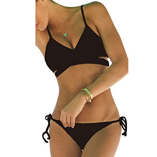ThinkBest Women Summer Sun Beach Swim Bandeau Triangle Push-Up Padded Bikini Suit Black UK(10-12)