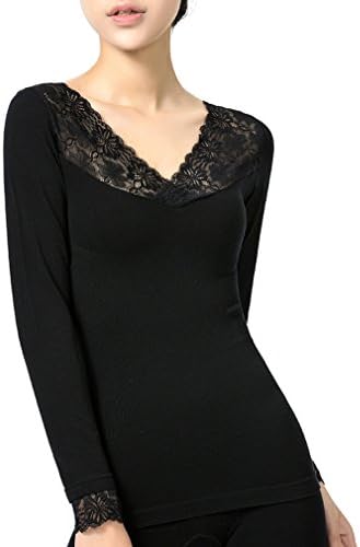 Cnhw Women's Modal Lace V-neck Seamless Reversible Style Thermal Underwear Tops Black L