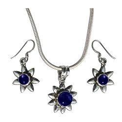 Pendant and Earrings Set Silver Lapiz Gemstone Jewelry