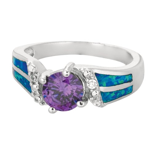 Sterling Silver Rhodium Plated - Size 7 Blue Opal Ring - JewelryWeb