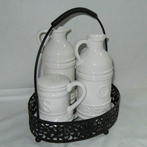 OIL AND VINEGAR BOTTLE GIFT SET - PRESS METAL SCROLL OIL&VINIGAR SET IN