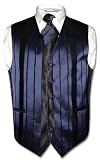 Men's Dress Vest & NeckTie Navy Blue Woven Stripe Design Set for Suit or Tuxedo