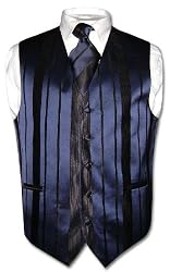 Men's Dress Vest & NeckTie Navy Blue Woven Stripe Design Set for Suit or Tuxedo