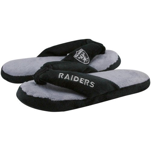 Oakland Raiders Ladies Black-Gray Plush Thong Slippers (Large)