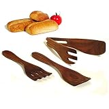 Black Walnut Wood Serving Utensils Set - Salad Fork, Paddle and Tongs