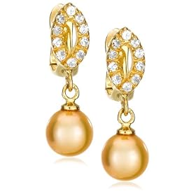 14k Gold Overlay Sterling Silver Dyed Golden Freshwater Cultured Pearl w/ White Topaz Drop... by 