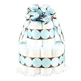 New Baby Boy Diaper Cake - 2-Tier - Blue Polka Dots on Brown Ribbon - Great Baby Shower Gift Idea or Table Centerpiece