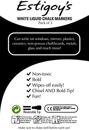 White Liquid CHALK MARKERS by Estigoy - 6mm Reversible Tip - 3 Pack - Bold White Color Pen
