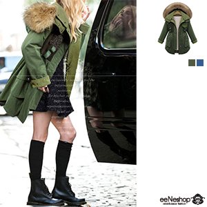 (イイネショップ) eeNeshop ワイド フード ファー ミリタリー コート