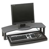 Kensington Products - Kensington - Comfort Desktop Keyboard Drawer, 24-1/2 x 12, Black/Gray - Sold As 1 Each - Features a monitor shelf adjusts 3" to 6-1/2" above desk surface. - Extra-wide 26" tray with integrated mousing area holds all keyboards, even ergonomic. - Full-length gel wrist rest and mouse pad included. - Cable management for keyboard and mouse. - Supports up to 80 lbs. or 21" monitor.