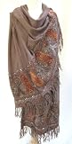 Embroidered Beaded Indian Paisley Wool Shawl Wrap Throw Antique Brown 40″ x 80″