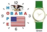 Obama - Hope - US Flag and Bald Eagle Seal - President Barack Obama Commemorative - WATCHBUDDY&reg; DELUXE TWO-TONE THEME WATCH - Arabic Numbers - Green Leather Strap-Size-Women's Size-Small