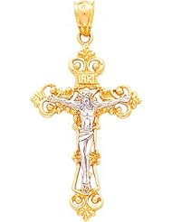 14K Two Tone Gold INRI Crucifix Pendant Jewelry