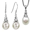 Platinum Overlay CAREFREE Sterling Silver Crystal Top 8-9mm AAAA Drop Pearl Pendant Necklace & Earrings Set, White