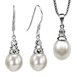 Platinum Overlay CAREFREE Sterling Silver Crystal Top 8-9mm AAAA Drop Pearl Pendant Necklace & Earrings Set, White