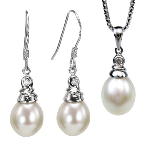 Platinum Overlay CAREFREE Sterling Silver Crystal Top 8-9mm AAAA Drop Pearl Pendant Necklace & Earrings Set, White
