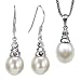 Jewelry : CAREFREE Sterling Silver Crystal Top 8-9mm AAAA Drop Pearl Pendant Necklace & Earrings Set, White
