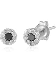 Womens 10k White Gold, Black and White Diamond 9 Stone Cluster Studs
