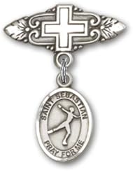 Sterling Silver Baby Badge with St. Sebastian/Figure Skating Charm and Badge Pin with Cross