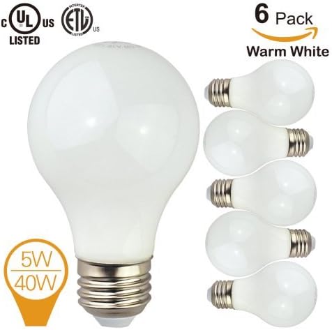 (6 Pack) Homelek 5W LED Light Bulbs, Equivalent to 40W, E26 Base, A19 Bulb, 500 Lumen, Warm White 3000 Kelvin ideal for Living Rooms, Bedrooms and Recreation Rooms