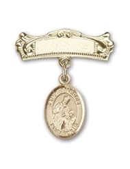 14K Gold Baby Badge with St. Ambrose Charm and Arched Polished Badge Pin