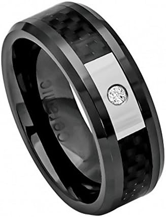 FREE ENGRAVING -8MM Black Ceramic Wedding Band Ring 0.05ct White Diamond center stone with Black Carbon Fiber Inlay Beveled Edge (7)