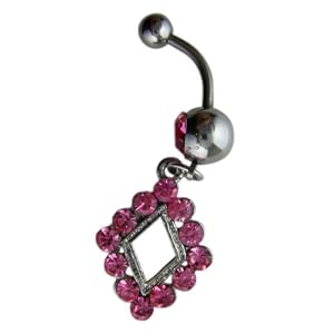 PinkCrystal CZ Dangle Belly Button Navel Ring Bar Silver - Diamond Shape