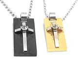 Stainless Steel Couples Cubic Zirconia Silver Tone Cross on Board Pendant Necklace Set 18"/20-24"
