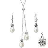 Natural White Isabella Cultured Pearl Drop Rose Lariat and Drop Earrings Set in Platinum Overlay CAREFREE Sterling Silver