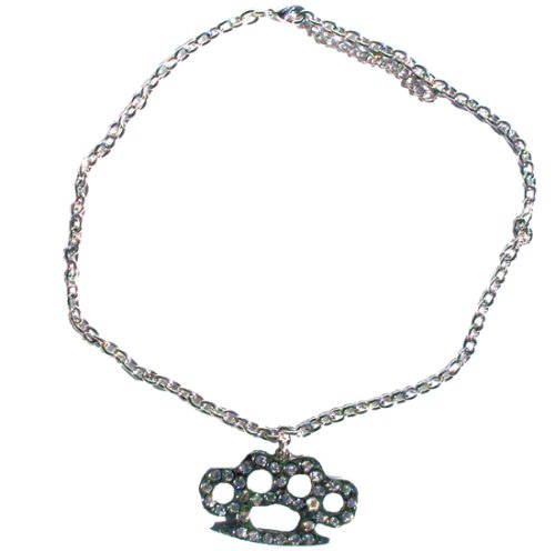 Click here to buy Rhinestone Studded BRASS KNUCKLES Silver Necklace.