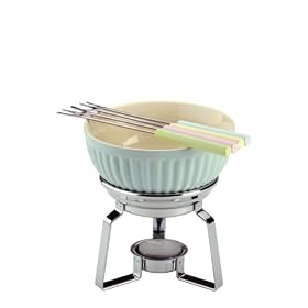 Typhoon Vintage Blue Stoneware Bowl Chrome Stand Chocolate Fondue Set with 4 Colour Coordinated Forks