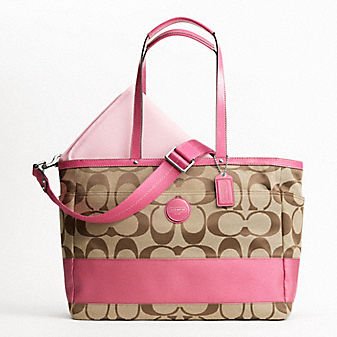 New Coach Khaki Signature Watermelon Pink Stripe Diaper Tote Laptop Shoulder Bag 17443