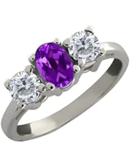 0.95 Ct Oval Purple Amethyst and White Diamond 14k White Gold Ring