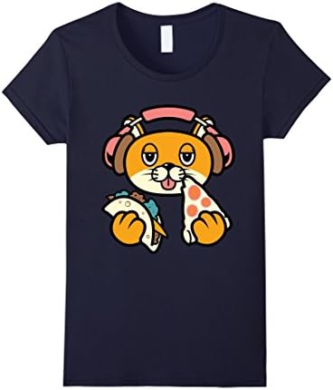 Women's DJ Taco Cat Eating Pizza Headphones Music Party Funny Shirt Medium Navy