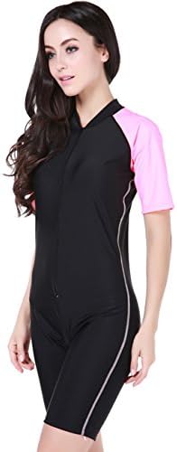 Women One Piece Short-sleeve Rashguard Surfing Suit Sun Protection (M, Pink)