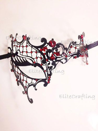 Phantom Black Laser Cut Venetian Masquerade Mask with Red Rhinestones - Filigree Metal Design