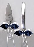 Black Satin Bow White Ribbon Cake Knife and Server Set for Wedding or Ceremony