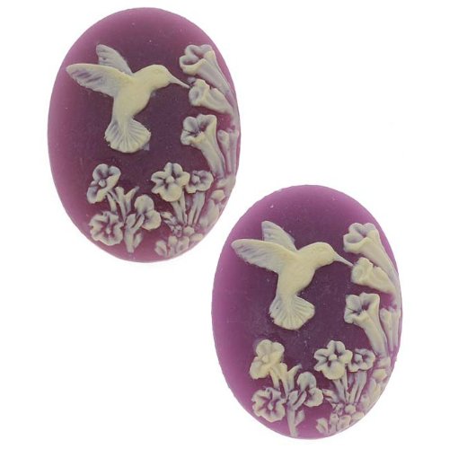 Vintage Style Lucite Oval Cameo Purple W/ Ivory Hummingbird And Flowers 25x18mm